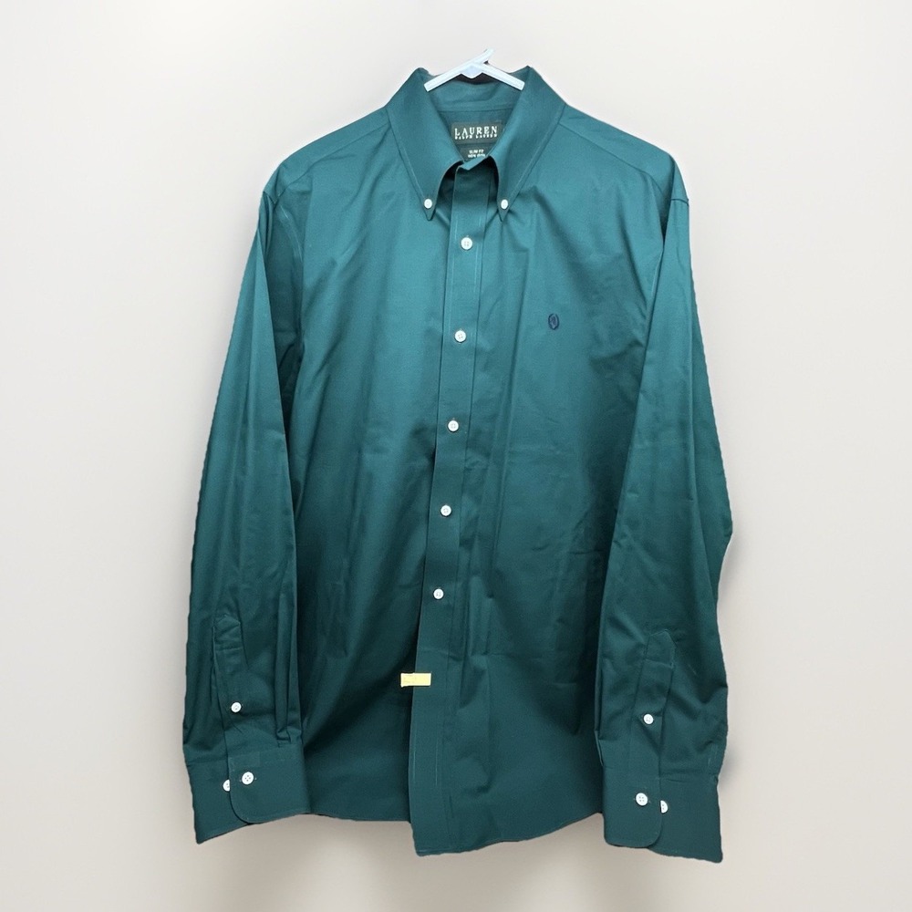 Lauren Ralph Lauren Mens Button Shirt Hunter Green XL 17 1/2 36/37 Slim Non-Iron